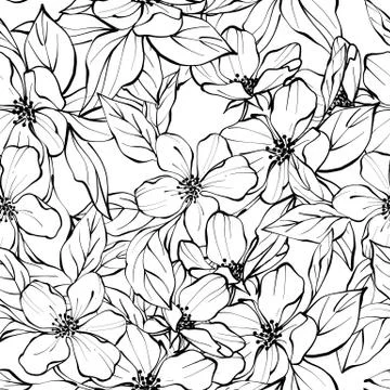 Beautiful monochrome seamless pattern with flowers. Black and white background Stock Illustration