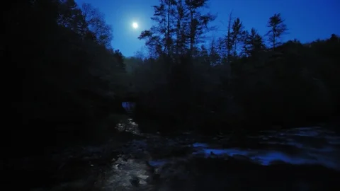 Beautiful Moon over Smoky Mountain River and Waterfall Stock-Footage 96750737