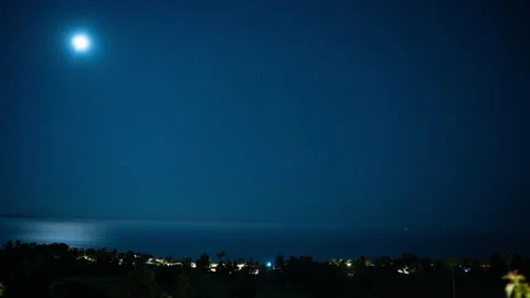 Beautiful Moon Set over Ocean with Ships and Planes Stock-Footage 139900664