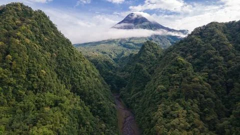 Beautiful morning view of Mount Merapi in Yogyakarta, Indonesia. Squished h.. Stock Photos