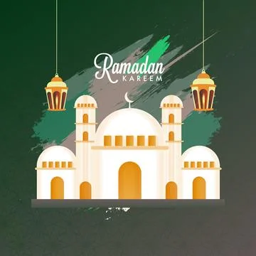 Beautiful Mosque and Hanging Lantern on Brush Stroke Green Background for I.. Stock Illustration
