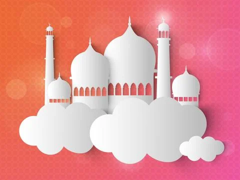 Beautiful mosque in between white clouds on Pink background for Islamic hol.. Stock Illustration