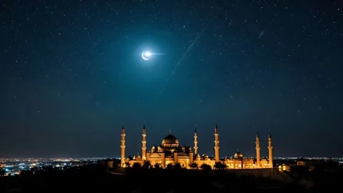 Beautiful mosque under starry sky and meteor shower Stock Footage 308300516