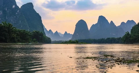 Beautiful mountain and river with sky clouds at sunrise in Guilin, China. Stock Footage 171858541