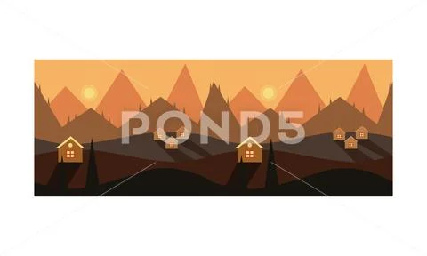 Beautiful mountain landscape ith houses, sunset or sunrise over the mountains Stock Illustration