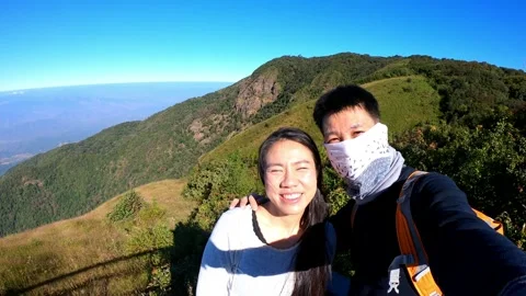 Beautiful Mountain Landscape Selfie with Smiling Friends Stock Footage 314995053