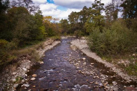 A beautiful mountain river flows between the rocks and trees Stock Photos