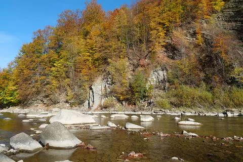 Beautiful mountain river with rapid current. Prut river and mountain folds Foto stock