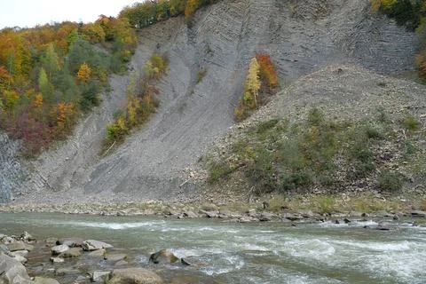 Beautiful mountain river with rapid current. Prut river and mountain folds Stock Photos