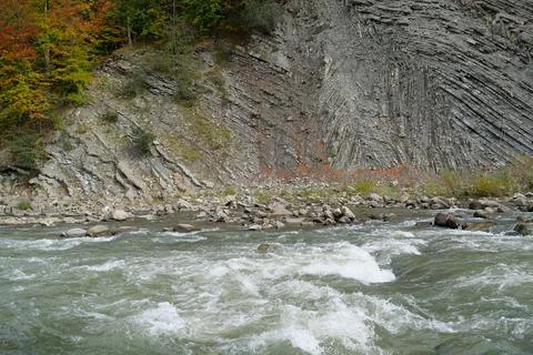 Beautiful mountain river with rapid current. Prut river and mountain folds Stock Photos