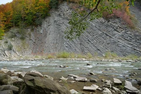 Beautiful mountain river with rapid current. Prut river and mountain folds Photos