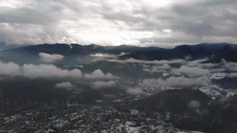Beautiful mountain skyline under thick cloudscape. Aerial view of the lovely Vídeos de archivo 108499760