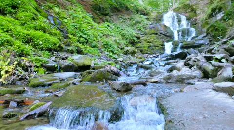  Beautiful  mountain stream and waterfall  in summer day.  4K 3840x2160.  Видео 53242124