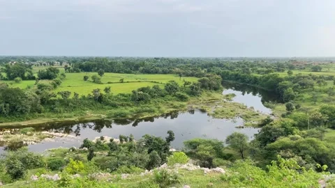Beautiful Mountain Top View with Trees, Sky and River | Scenic Nature Landscape Stock-Footage 316400428