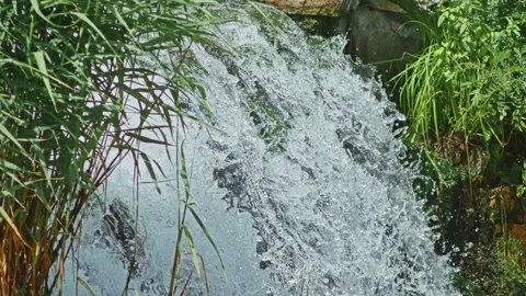 A beautiful mountain waterfall flows through the rocks, its water washes stones Stock Footage 201410244