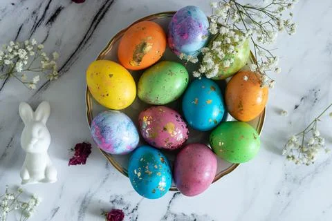 Beautiful multi -colored decorated Easter eggs and a cute white Easter rabb.. Stock Photos