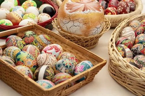 Beautiful multi -colored Easter eggs on the table Stock Photos