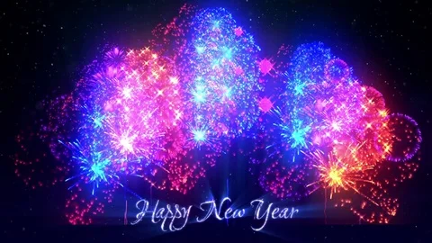 Beautiful multi colored fireworks with laser show on winter night sky in eve New Stock Footage 82372729