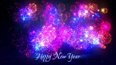 Beautiful multi colored fireworks with laser show on winter night sky in eve New Stock Footage 82614195