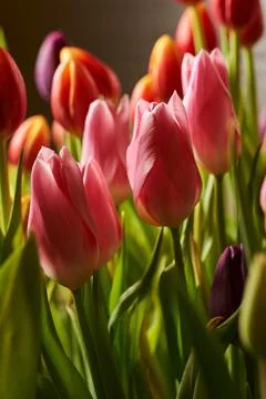 Beautiful multi-colored tulips. selective focus. vertical photo Stock Photos