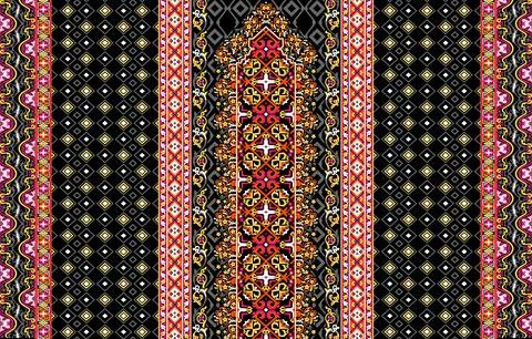 Beautiful Multicolored Damask Pattern Border With Buti And Small Colorful B.. Stock Illustration