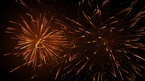 Beautiful multiple golden fireworks explosions in dark night sky Stock Footage 124102920