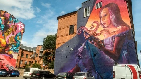 Beautiful Mural Magic Book time lapse in Malmo Sweden Stock Footage 94687967