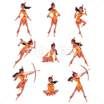 Beautiful native American Indian girl in different situations set, young woman Stock Illustration