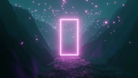 Beautiful natural environment with pink glowing particles and neon rectangle. Stock Footage