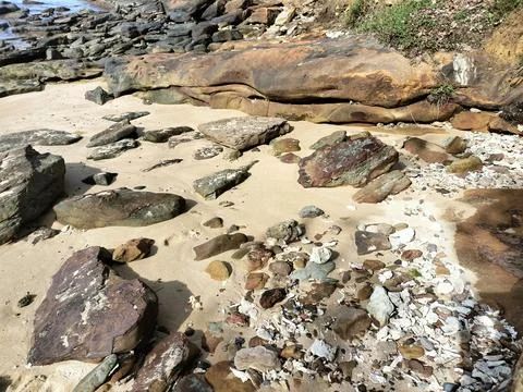 Beautiful Natural Stone Patterned Covered Sand Beach Texture Stock Photos