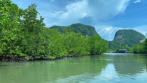 Beautiful nature captured while traveling on calm river on tropical island. 스톡 동영상 129083262