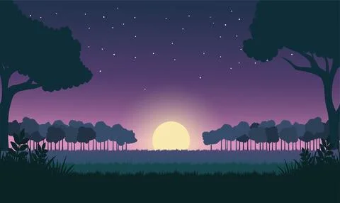 Beautiful Nature Landscape with Trees in Fields Forest with Sun in Dawn Sky Stock Illustration