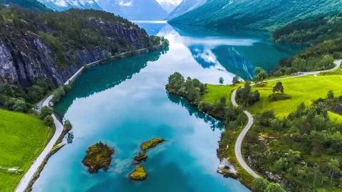 Beautiful Nature Norway natural landscape. Aerial footage lovatnet lake. Stock Footage