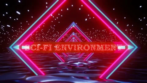 Beautiful neon sci-fi 3D tunnel with the moving  text SCI-FI ENVIRONMENT. Stock Footage 152668809