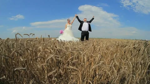 Beautiful Newlyweds Posing For the Camera In the Wheatfield Stock Footage 52338448