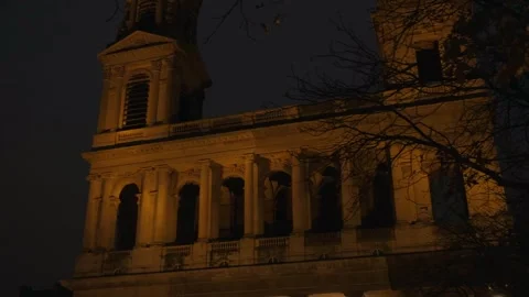 Beautiful Night Illumination of Saint-Sulpice Church in Paris Stock Footage 319246948