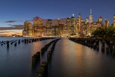 Beautiful Night Light and Lower Manhattan skyline with East River and New York Stock Photos