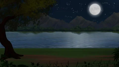 Beautiful night moon river flow 2d cartoon background animation 4k Vidéo 279260106