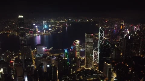 Beautiful Night Scene and Skyscraper, Hong Kong - Aerial Footage Stock Footage 246126496