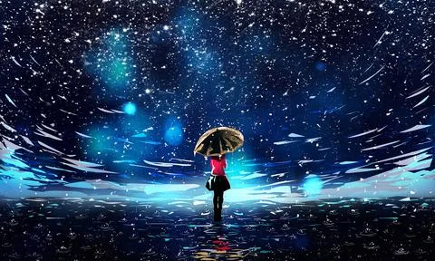 Beautiful Night Sky with Falling Rain and Umbrella Girl Illustration Stock Illustration