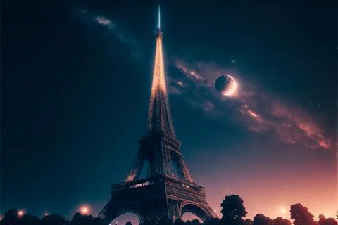 Beautiful night space scene  with Eiffel Tower in Paris. Landmarks design p.. Stock-Illustration