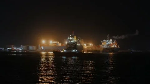 Beautiful night view of ships at Autonomous Port of Dakar - Port Autonome Stock Footage