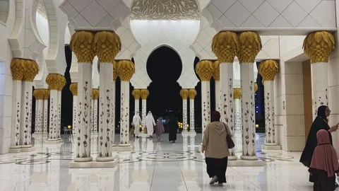 Beautiful night view of stunning marble colonnade at Sheikh Zayed Grand Mosque Stock Footage 340195172