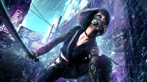 A beautiful ninja girl in the cyber punk style, boldly looks forward, a demon Stock Illustration