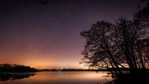 Beautiful Norfolk Broads night time timelapse with stars, water and trees Stock Footage