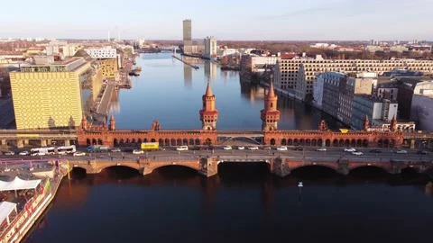 Beautiful Oberbaum Bridge over River Spree in Berlin from above - aerial view Stock-Footage 150341865