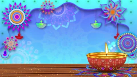 Beautiful oil lamp burning on decorated blue background Stock Footage 289010153