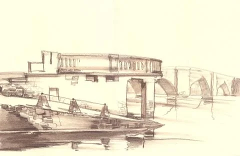 Beautiful old bridge over the river Stock Illustration