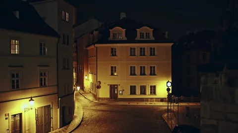 Beautiful old cobbled empty street in city of Prague in night time with Video stock 88024830