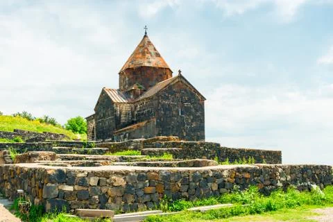 Beautiful old monastery Sevanavank on the shores of Lake Sevan Armenia sight 스톡 사진